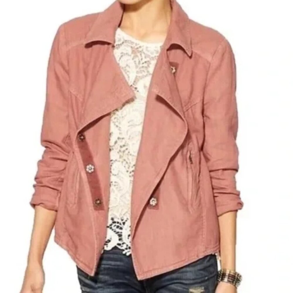 Free People Rosewood Linen Blend Jacket Women's Snap Button Moto Offset XS